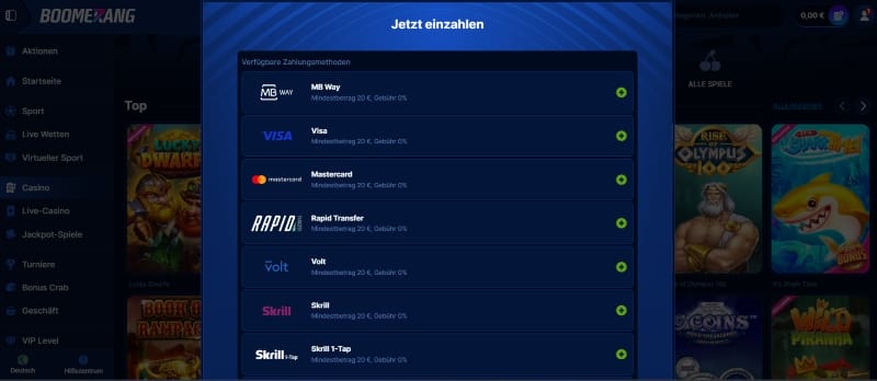 Einzahlungsprozess im Boomerangbet Casino