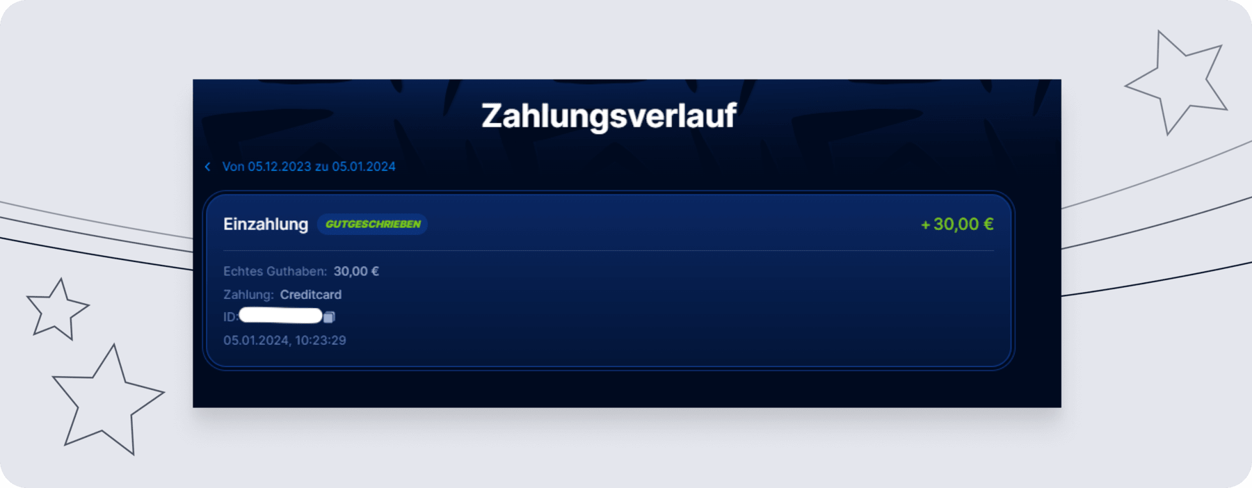 Screenshot des Zahlungsverlaufs auf Boomerang.Bet