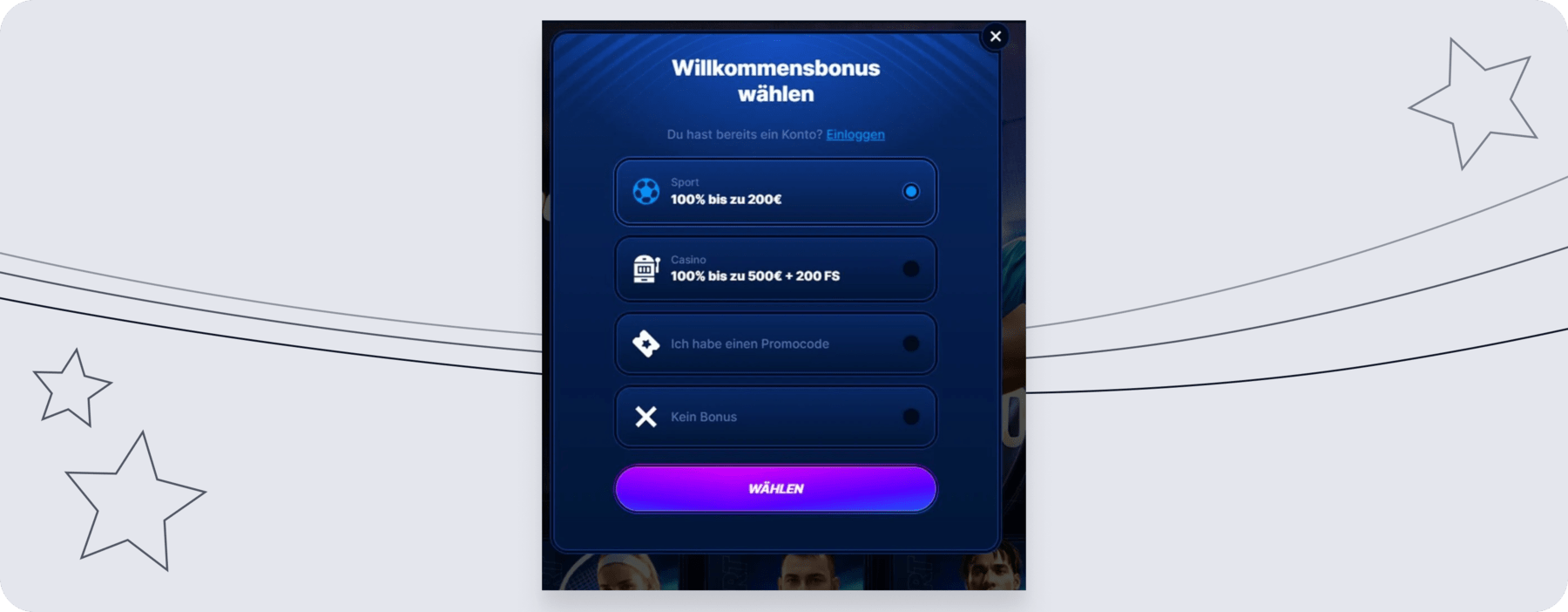 Screenshotmit der Auswahl des Willkommensbonus auf Boomerang.Bet