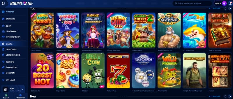 Casino Spiele Auswahl im Boomerangbet Casino online